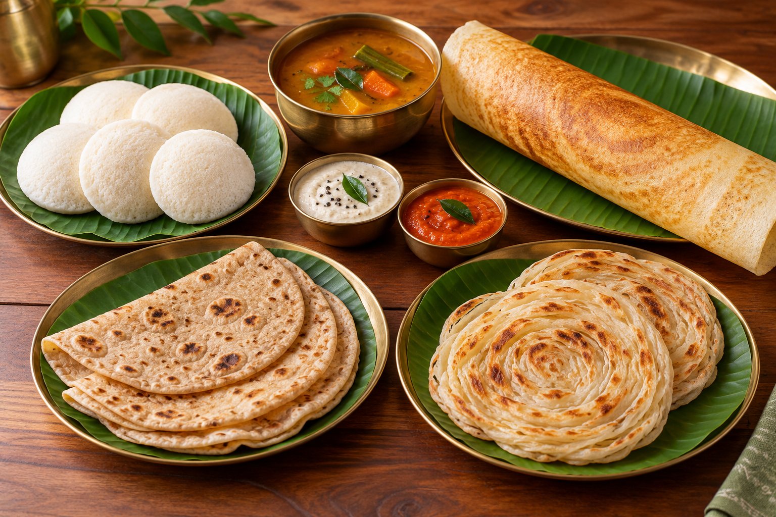 South Indian meal with idli, dosa, chapathi, porotta, sambar and chutneys